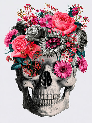 Schedel met roze bloemen