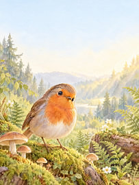 A robin amongst the mushrooms in the woods