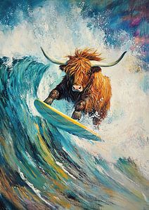 Highland Cow auf dem Surfbrett