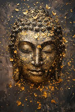 Gouden Boeddha gezicht omgeven door vallende bladeren van De Muurdecoratie