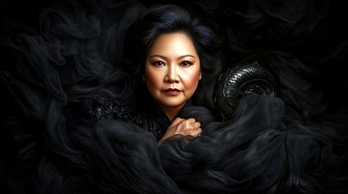 Vrouw in wervelende donkere stof