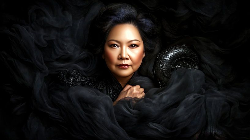 Frau in wirbelndem dunklem Stoff von Frank Heinz