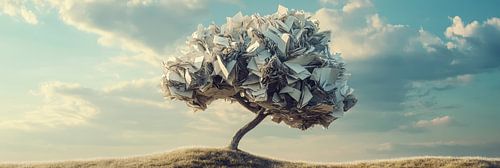 Grote boom van papier onder wolkenlucht panorama