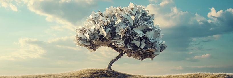 Large paper tree under cloud panorama by Digitale Schilderijen