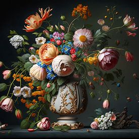 Digitales Stillleben mit vielen bunten Blumen von Digitale Schilderijen