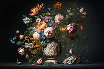 Digitales Stillleben mit vielen bunten Blumen von Digitale Schilderijen