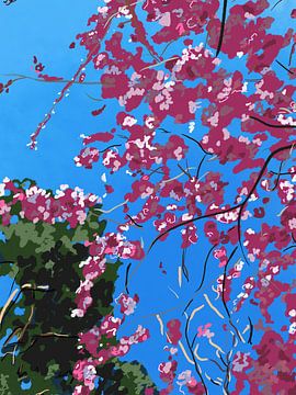 Bloeiende Japanse sierkers tegen blauwe lucht van Loes Venker