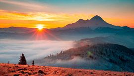 Zonsondergang met mist en landschap