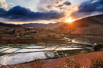 Madagaskar zonsondergang over de akkers