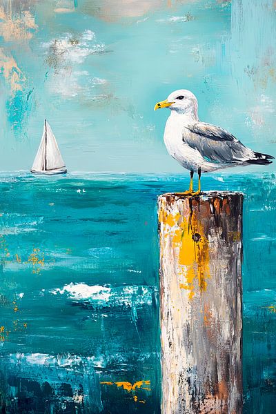 Möwe am Hafen mit Segelboot von Poster Art Shop