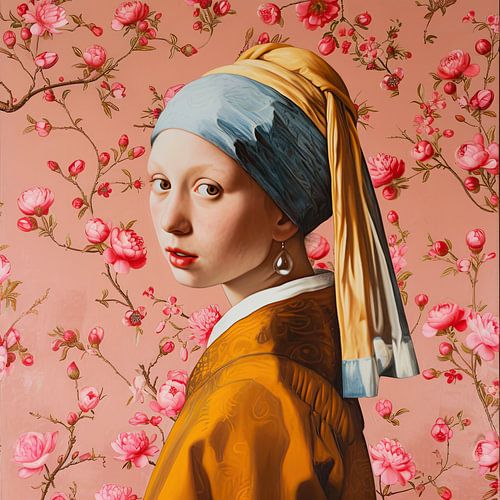 Meisje met de parel en roze bloemen