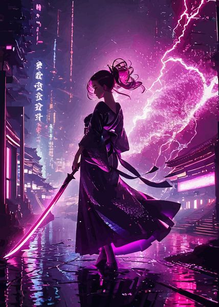 Geisha cyberpunk tenant une épée par MIROKKU