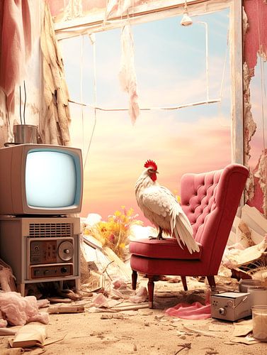 Surrealistische witte haan fauteuil televisie verval shabby chic