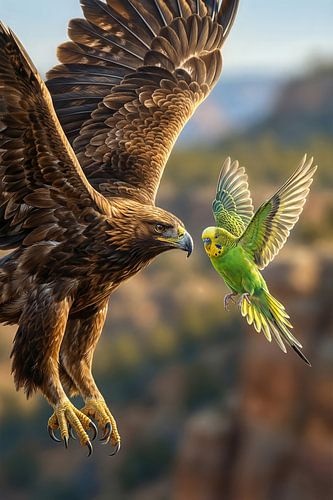 Begegnung in der Luft - Adler und Wellensittich von Max Steinwald