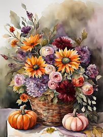 Herbstbouquet in Korb mit Kürbis von Kim Karol / Ohkimiko