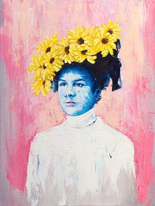 Sarie Blau - Blaue Dame mit Sonnenblumen von Anouk Maria van Deursen