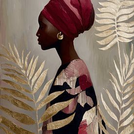 Portrait moderne d'une femme africaine en couleur bourgogne et or sur Carla Van Iersel