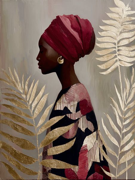 Portrait moderne d'une femme africaine en couleur bourgogne et or par Carla Van Iersel