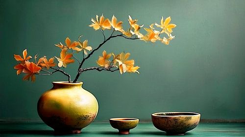 Rustig Japandi Stilleven. Japanse esdoorn in aarden vaas