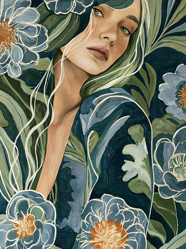 Portrait d'une femme parmi les fleurs et les feuilles