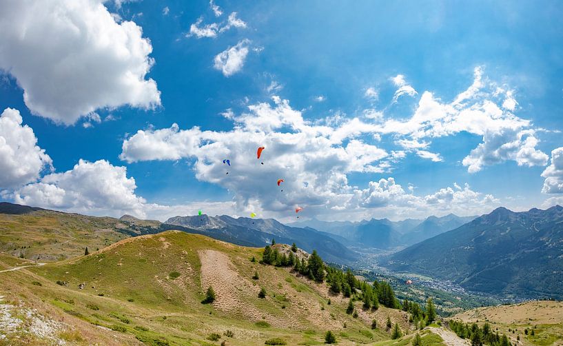 Paragliders take off over Le Puy de La Salle, La sSalle les Alpes, Hautes Alpes, France by Rene van der Meer