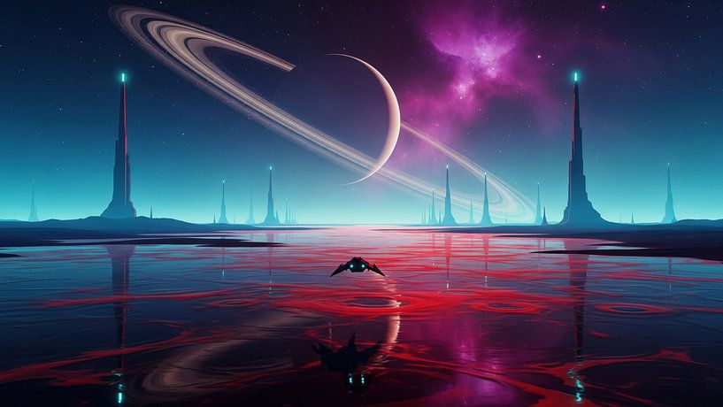 Raumschiff über rotem Flüssigkeitsplaneten mit Ringplanet und hoher Str von Markus Gann