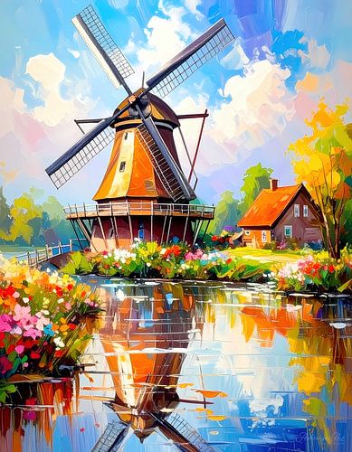 Windmolen boven het zomerse landschap: een stille wachter tussen het rode huis, de weerspiegelende rivier en de weelderige weiden in harmonieuze harmonie met licht, natuur en tijd