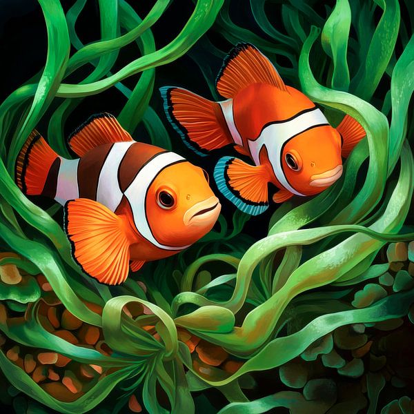 Bunte Clownfische im Meergras von Poster Art Shop