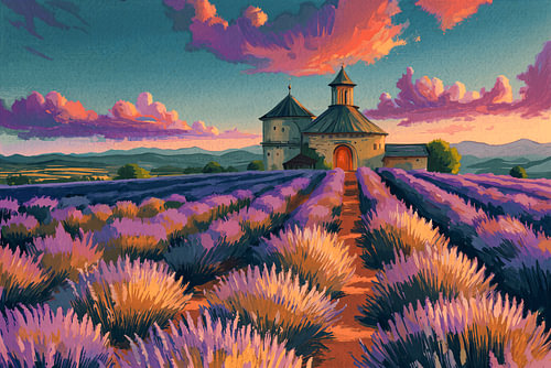 Champ de lavande enchanteur et onirique avec une chapelle au coucher du soleil