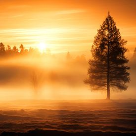 Foggy Morning with a Golden Sunrise by Vlindertuin-Art