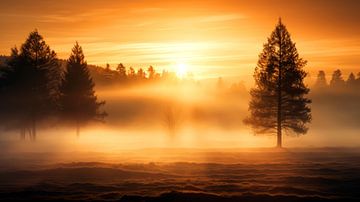 Mistige Ochtend met een Gouden Zonsopkomst van Vlindertuin Art