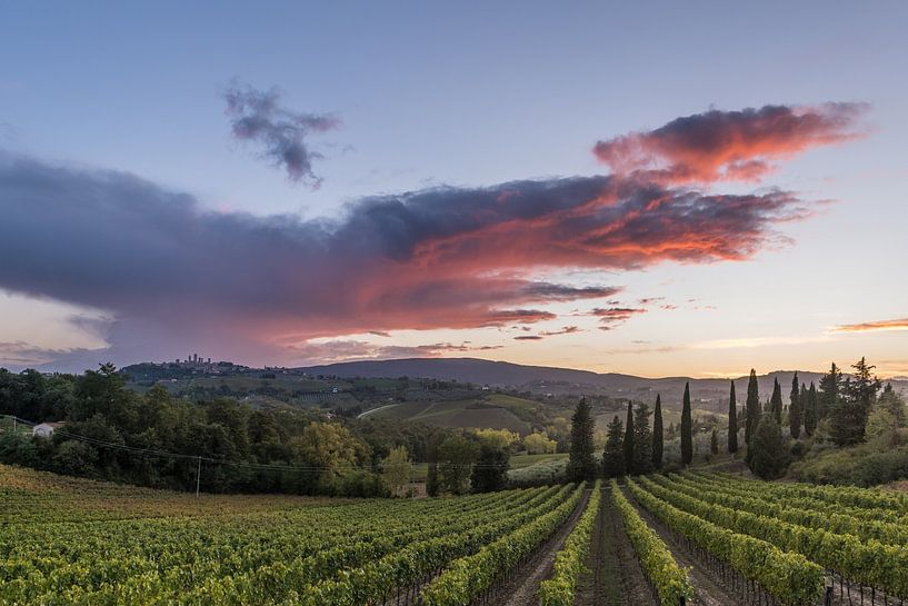 Coucher de soleil sur les vignobles près de San Gimignano par Denis Feiner
