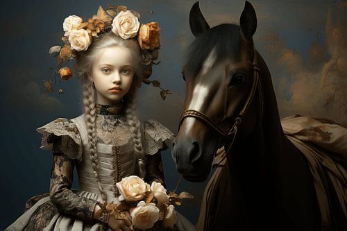 Stilleven met porseleinen pop en haar paard