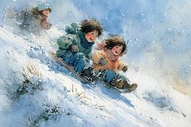 Schneerutsche - Verspieltes Aquarell von Kindern auf dem Schlitten im Retro-Stil von Peter Pen Zeichnungen und Gemälde