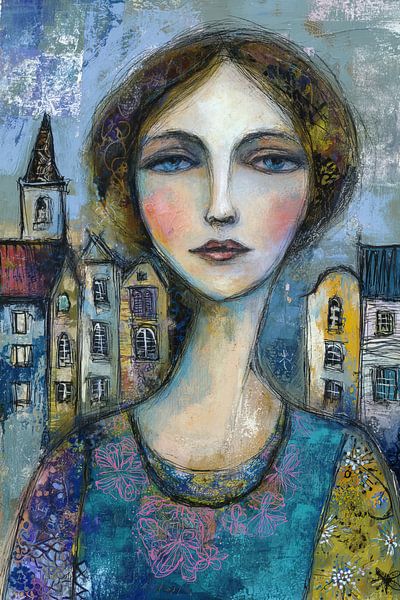 Vrouw in Stad van Abstract Schilderij