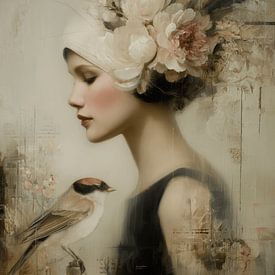 Floral Muse, romantisches Porträt einer Frau mit Blumen und einem Vogel von Carla Van Iersel