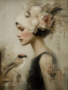 Floral Muse, romantisches Porträt einer Frau mit Blumen und einem Vogel