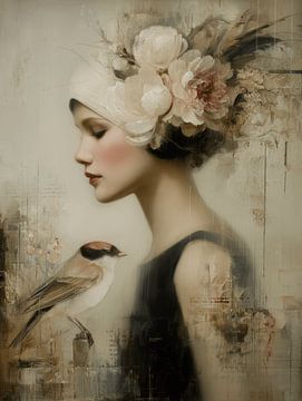 Floral Muse, romantisches Porträt einer Frau mit Blumen und einem Vogel