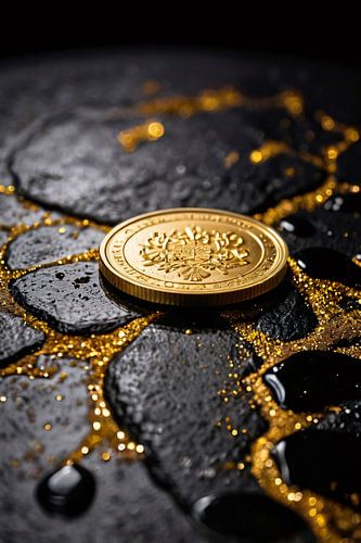 Pièce de monnaie en or sur pierre noire