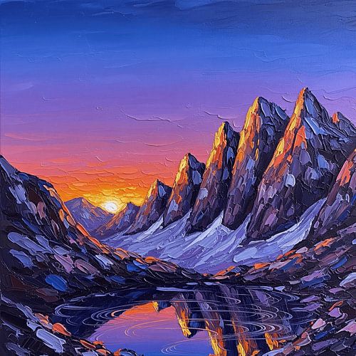 Stralende Alpen Zonsondergang: Een gestructureerd impressionistisch meesterwerk van bergtoppen en een weerspiegelend meer