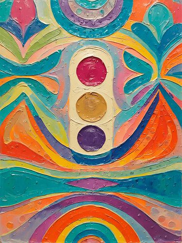 A colourful abstract painting featuring organic shapes