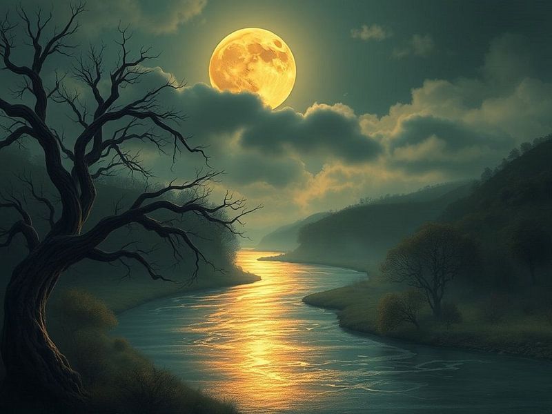 Ein Fluss&#039;s leuchtende Reise unter einem vollen Herbstmond von Artistic