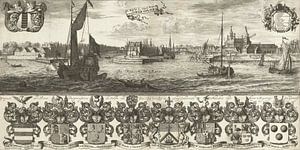 Coenraet Decker, Ansicht von Delfshaven und Wappen der Bürgermeister von Delft in den Jahren 1675-16