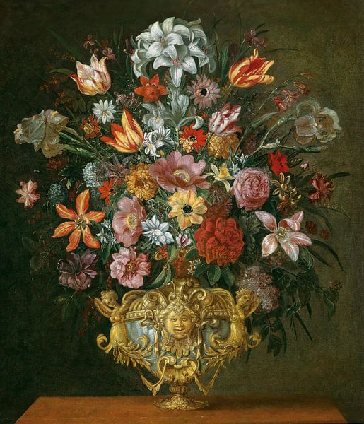 Tulipes, lys, narcisses et autres fleurs dans un vase sculpté, Maître des Vases Grotesques par Des maîtres magistraux