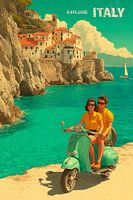 Retro Reiseplakat Italien mit Roller am Meer