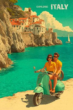 Retro reisposter Italië met scooter aan zee van MArt
