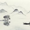 In de vroege ochtend op pad om te gaan vissen (zwart wit aquarel schilderij landschap boot zee Azië) van Natalie Bruns