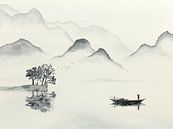 In de vroege ochtend op pad om te gaan vissen (zwart wit aquarel schilderij landschap boot zee Azië) van Natalie Bruns thumbnail