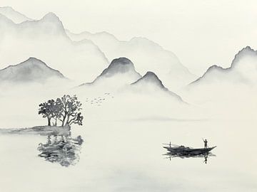 In de vroege ochtend op pad om te gaan vissen (zwart wit aquarel schilderij landschap boot zee Azië)