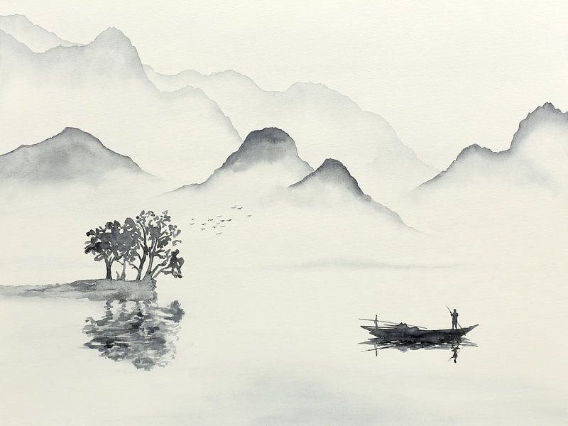 In de vroege ochtend op pad om te gaan vissen (zwart wit aquarel schilderij landschap boot zee Azië) van Natalie Bruns